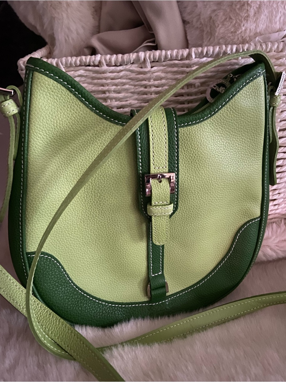 LONGCHAMP Vintage Green Two-Tone Leather Crossbody Saddle Bag